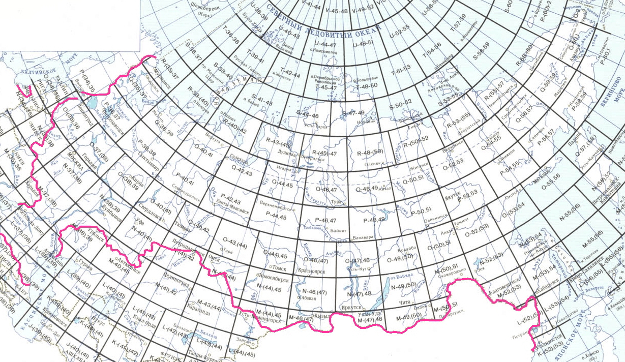 Схема разграфки территории России на листы гесударственной геологической карты новой серии масштаба 1:1 000 000.  Нажмите чтобы увеличить